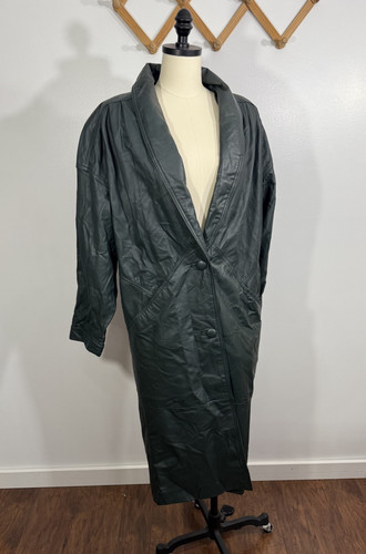 Vintage Leather Jacket Green Trench 1980s Small