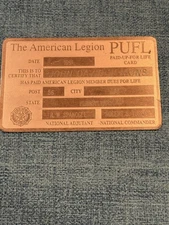 The AMERICAN LEGION PUFL LIFE 1991 BRASS MEMBERSHIP CARD Post 56 Lititz, Pa.