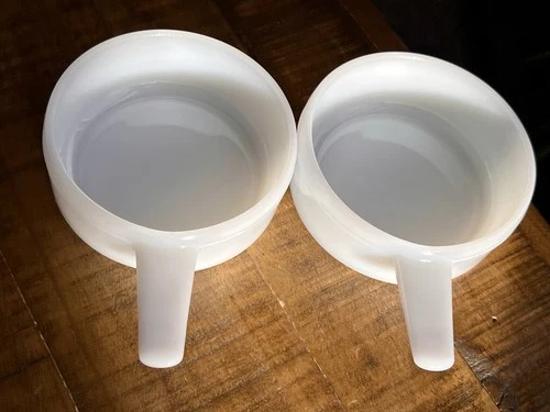 Pair Vintage Milk Glass Ovenware J-2639 Handled Soup Bowls USA Fire-King Style