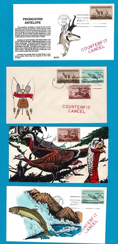1077, 1078 & 1079 "Counterfit" cancels, 1956 Wildlife Conservation great cachets