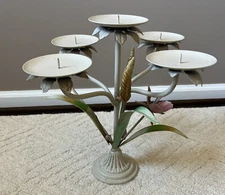 VTG Toleware Metal Centerpeice 5 Candle Spring Floral Italian Style Shabby Chic