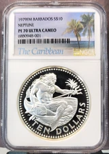 1979 BARBADOS SILVER 10 DOLLARS NEPTUNE NGC PF 70 ULTRA CAMEO RARE PERFECT POP 1