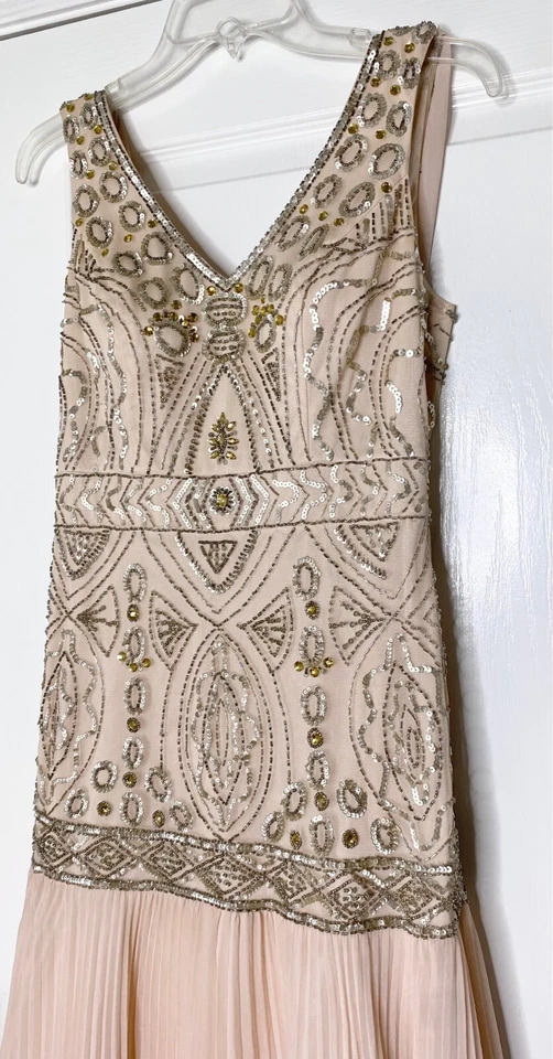 SUE WONG Nocturne Blush Nude Embellished Cowl Drape Back Pleated Chiffon Gown 8 - image 4 of 4