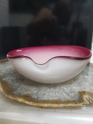 Vintage Murano Glass Ashtray Bowl * Clamshell 1 Bay * Red Pink White * 7" 297