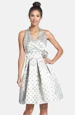 Eliza J Rosette Detail Polka Dot Jacquard Fit & Flare Dress Sz 12 Silver Gold