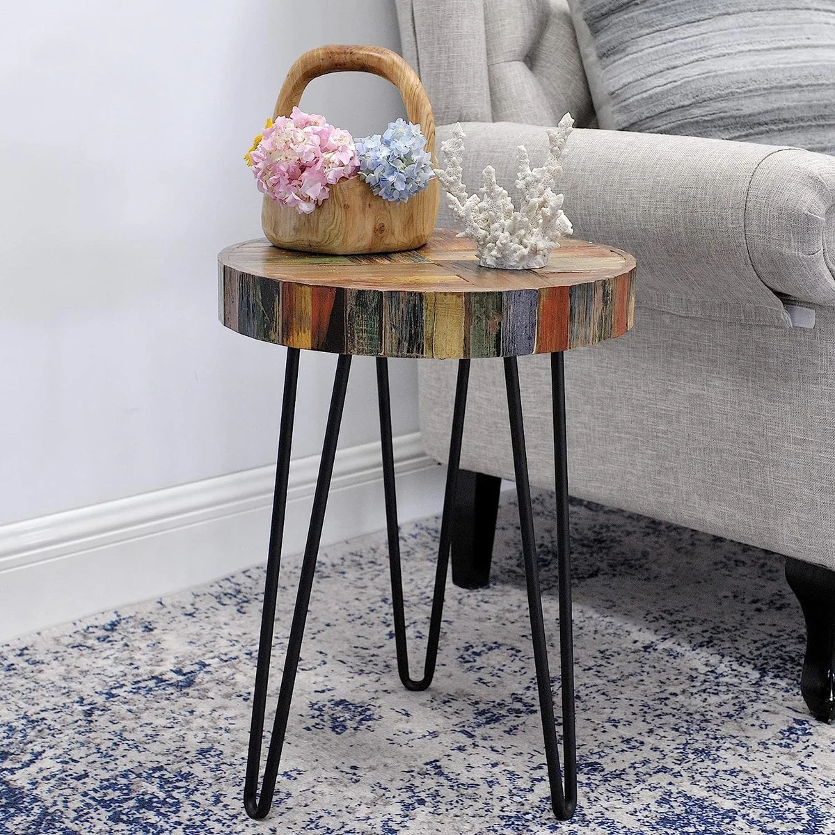 Reclaimed wood round side table deals