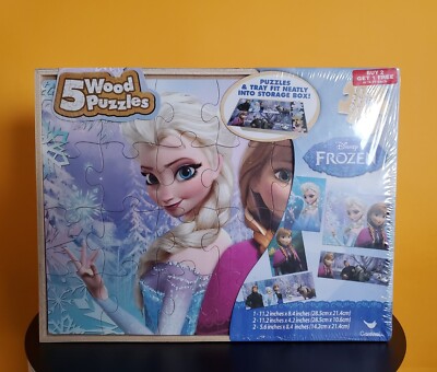NEW Disney Frozen Wood Puzzles w/Storage Box+Tray Elsa Anna - Main Image