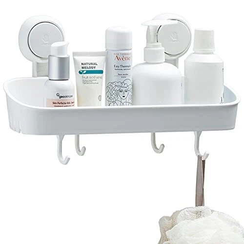 Suction Shower Caddy With 4 Hooks, Bathroom Shower Basket Wall