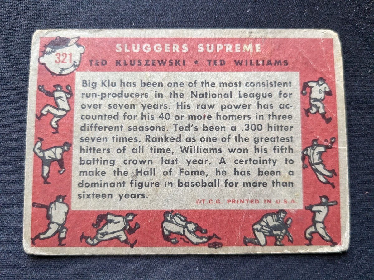 1958 Topps Baseball Card # 321 Sluggers Supreme - Kluszewski