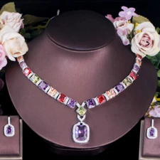 Gorgeous Silver Plated Colorful CZ Zirconia Bridal Necklace Earrings Jewelry Set