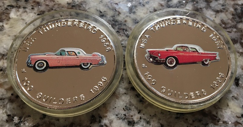 2 - 100 GUILDERS. Ni. SURINAM 1996 FORD THUNDERBIRD 1956 Pink & 1957 Red PROOF