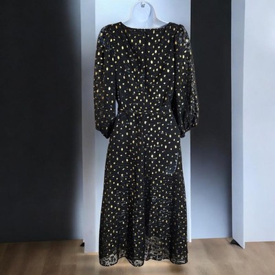 dkny black and gold dress DKNY Womens Dress Size 8 Fit & Flare Black Gold Metallic Polka Dot V Neck  Boho