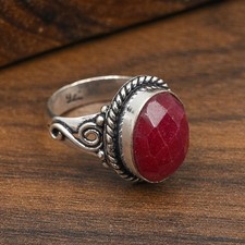 Faceted Ruby Lab-Created Gemstone Handmade 925 Sterling Silver Jewelry Ring