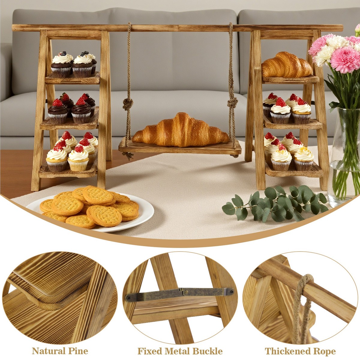 3-Tier Wooden Cupcake Stand With Swing Tray, Solid Wood Cake And Cookie Display Stand Wedding Party Baby Shower Foldable Rustic Cupcake Stand 13lb Load Capacit