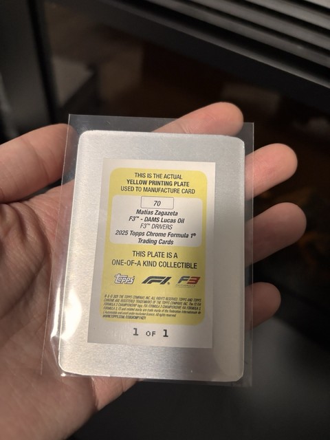 2025 Topps Chrome F1 1 of 1 Matias Zagazeta Yellow Printing Plate 1:14,403 Pack