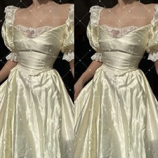 Vintage Ivory Satin Wedding Dresses Off Shoulder Puff Sleeve A-Line Bridal Gowns