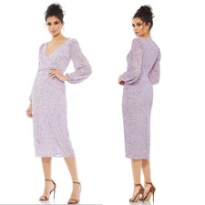 Mac Duggal Sequin Illusion Long Puff Sleeve 107641 Evening Tea Length Midi Dress