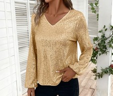 UK Womens V Neck Sparkly Sequins Long Sleeve Casual Party Tops Blouse Shirts Tee