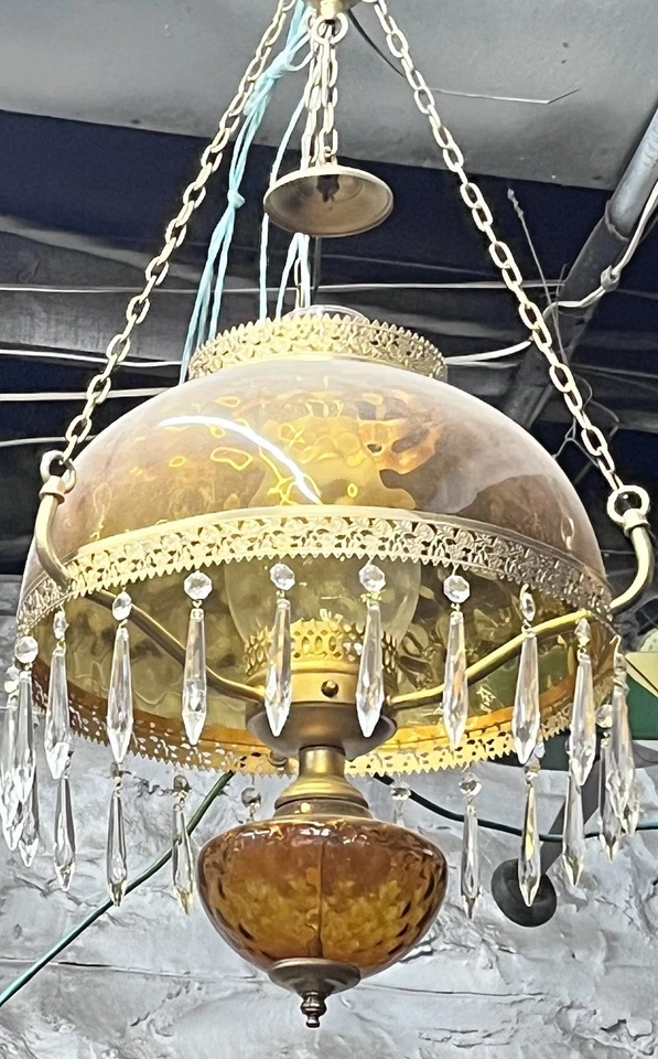 Antique Amber glass- Hanging Oil Lamp chandelier, Hardwired. 30” L X 25” W(+/-) - Image 4 of 4
