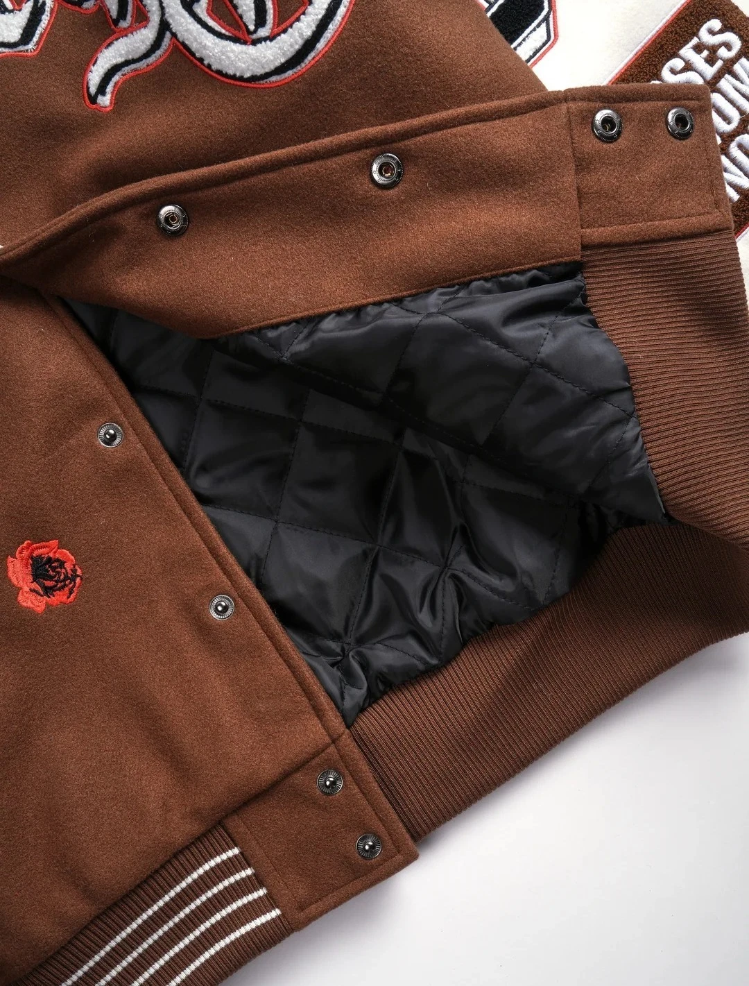 Civil Regime Rose Garden Letterman Jacket in Butter/Reaper Brown - product detail image 5