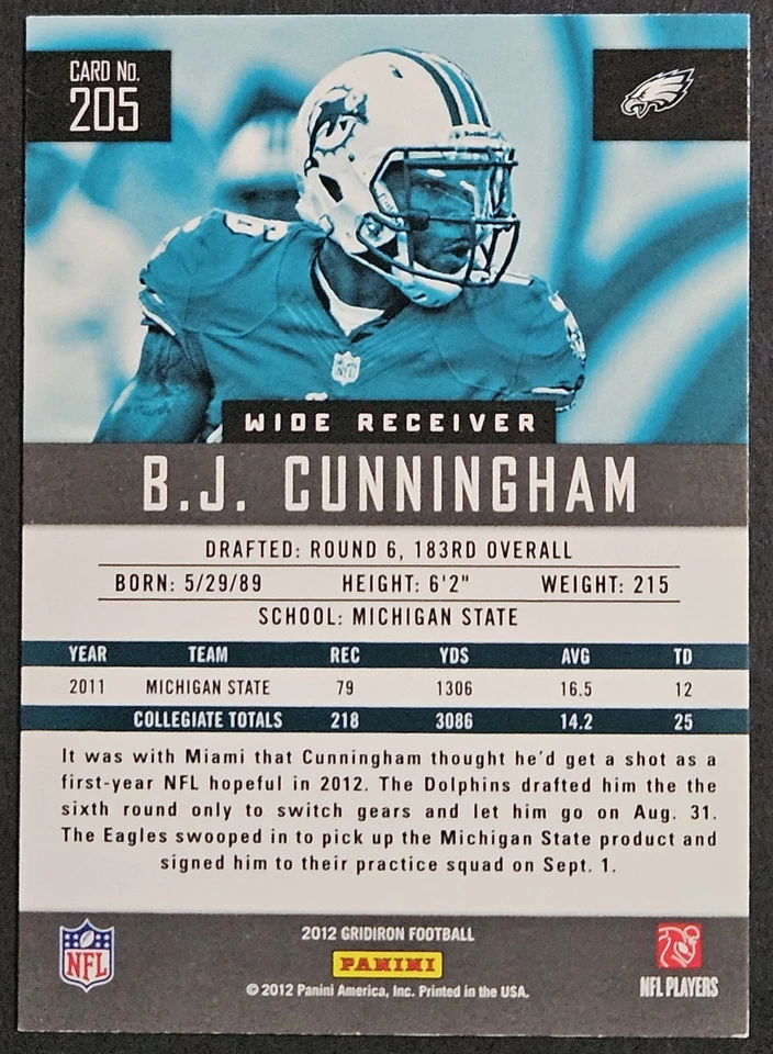 2012 Panini Gridiron 205 B.J. Cunningham Rookie RC Miami Dolphins Michigan State - Image 2 of 2