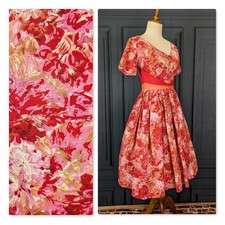 Vintage 50's 60's Fit Flare Party Dress Red Cotton Cummerbund Waist Size XXS