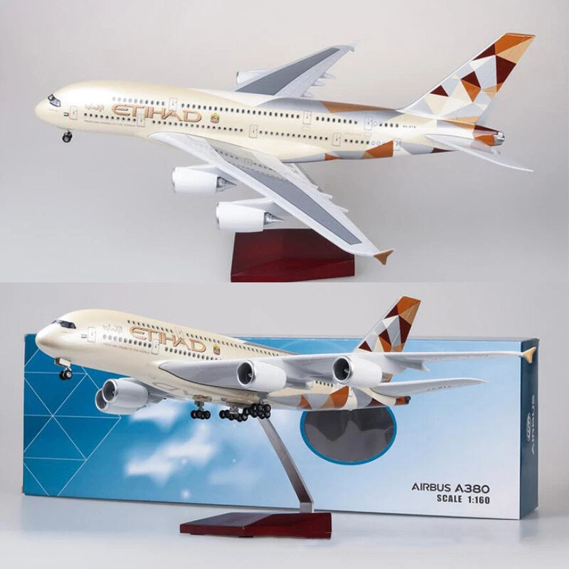 1/160 Etihad Airlines Airbus A380 Airplane Model Resin Aircraft Plane W/ Lights - Image 3 of 4