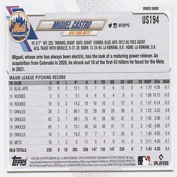 Miguel Castro (New York Mets) 2021 Topps Update Series Card - Card Number US194 - Image 2 of 2