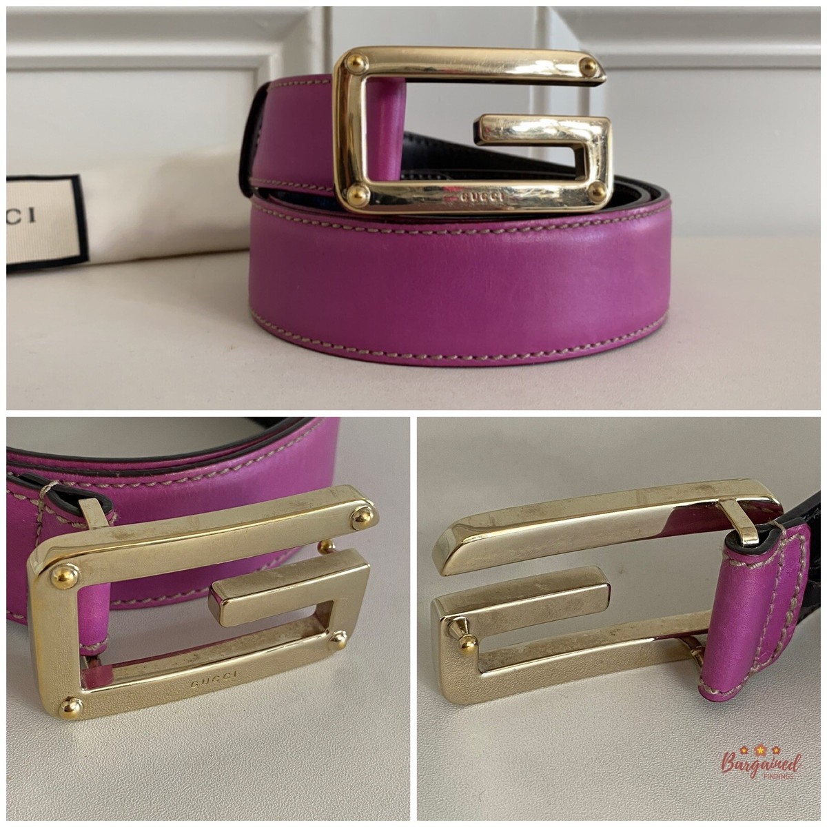値下げ！GUCCIベルト　ピンク85センチ Authentic Gucci Dark Pink Leather Gold G Logo Buckle Belt