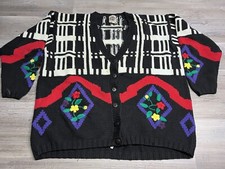 Vintage 80s 90s Womens Cardigan Retro Geometric Floral Saks Fifth Ave Size Large