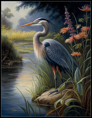 Heron by the Water 1 - Chart Counted Cross Stitch Patterns Needlework DMC Color