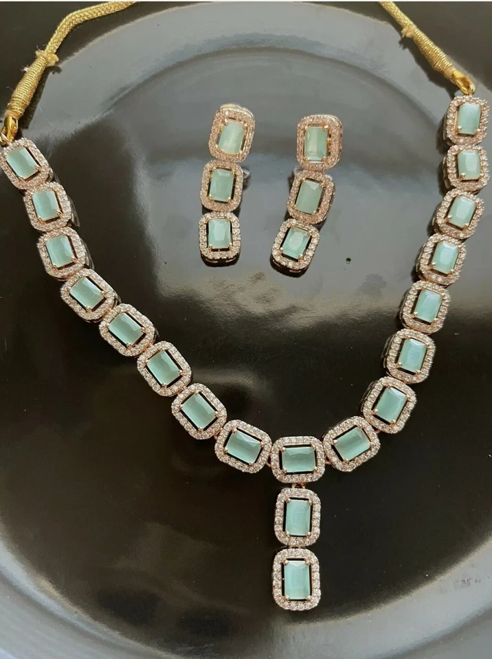 Juego de joyas collar gargantilla estilo Bollywood indio chapado en oro rosa circonita cúbica anuncio Foto 4 de 4