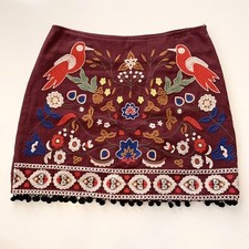 Altar'd State Mini Skirt Size Small Linen Blend Floral Bird Embroidered Boho