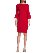 New! CALVIN KLEIN Exquisite RED Bell Sleeves Timeless Sheath Dress Size 2