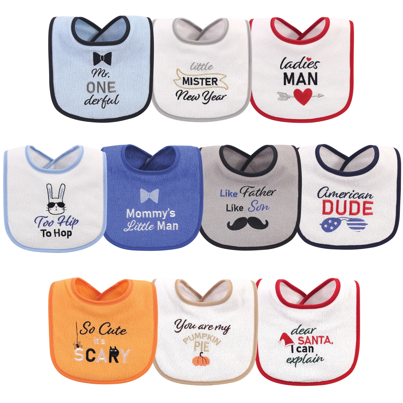 Hudson Baby Terry Drooler Bibs with Fiber Filling 10pk, Holiday Boy Onederful