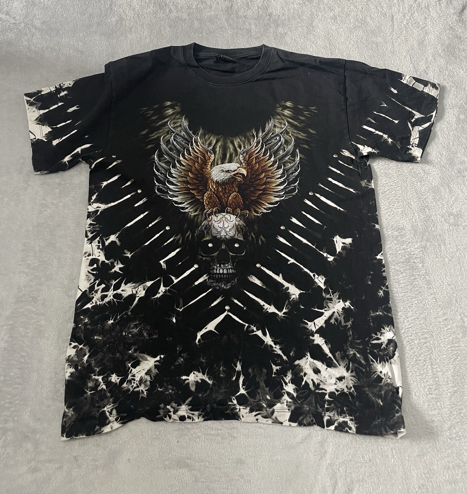 SURVIVORS Studded Skull Eagle Tie Dye T-Shirt Black White Size Large