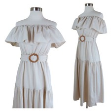 ALL IN FAVOR Women's Cream Off Shoulder Belted Peasant Midi Dress Size S