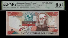 Uruguay Specimen 5 Pesos 1997 PMG 65 EPQ UNC P#73As PMG Population 1/0 Top Grade