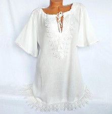 Tunika Kleid Damen Oberteil Strandkleid Longshirt Häkelspitze Creme 40 42 44