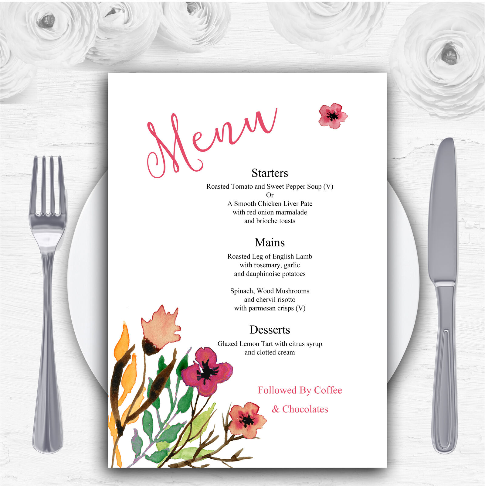 Handwriting Font Watercolour Floral Pink Personalised Wedding Menu Cards Klasyczna wyprzedaż