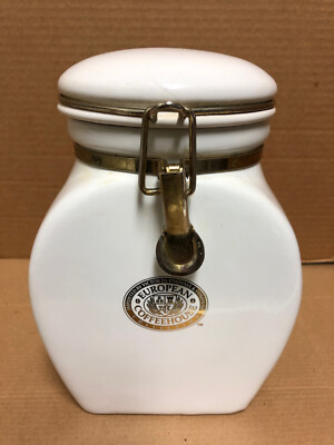 WHITE CERAMIC EUROPEAN COFFEEHOUSE CANISTER WITH METAL CLOSURE