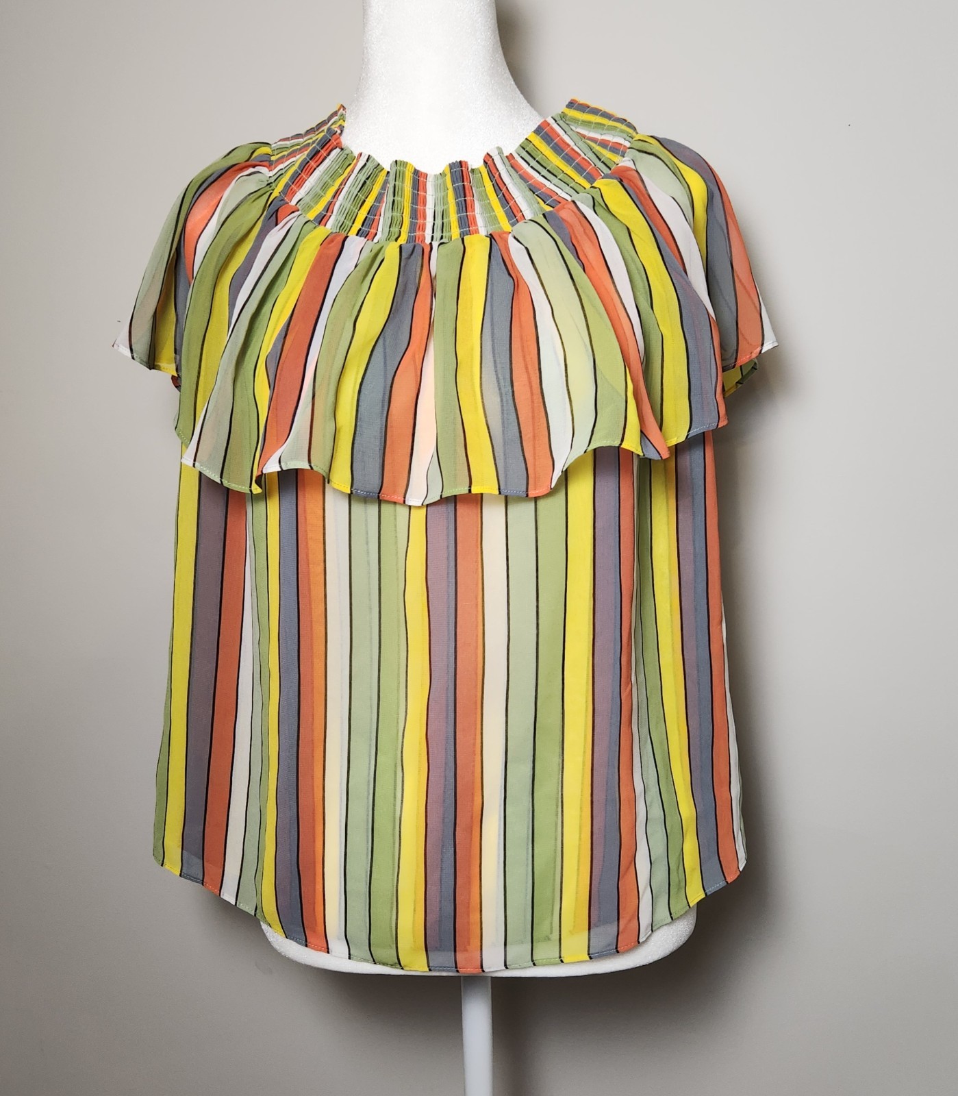 Cabi Striped Ruffle Short Sleeve Blouse Women's Small Orange Green Yellow Blue