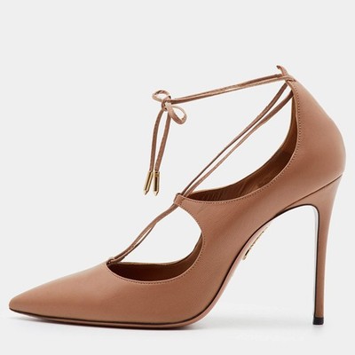 Aquazzura Christy Size 37.5 Beige Leather Pointed Toe Ankle Tie Pumps