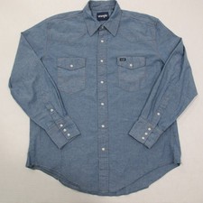 Vintage Wrangler Chambray Pearl Snap Shirt Mens XL Blue Western 90s Cotton