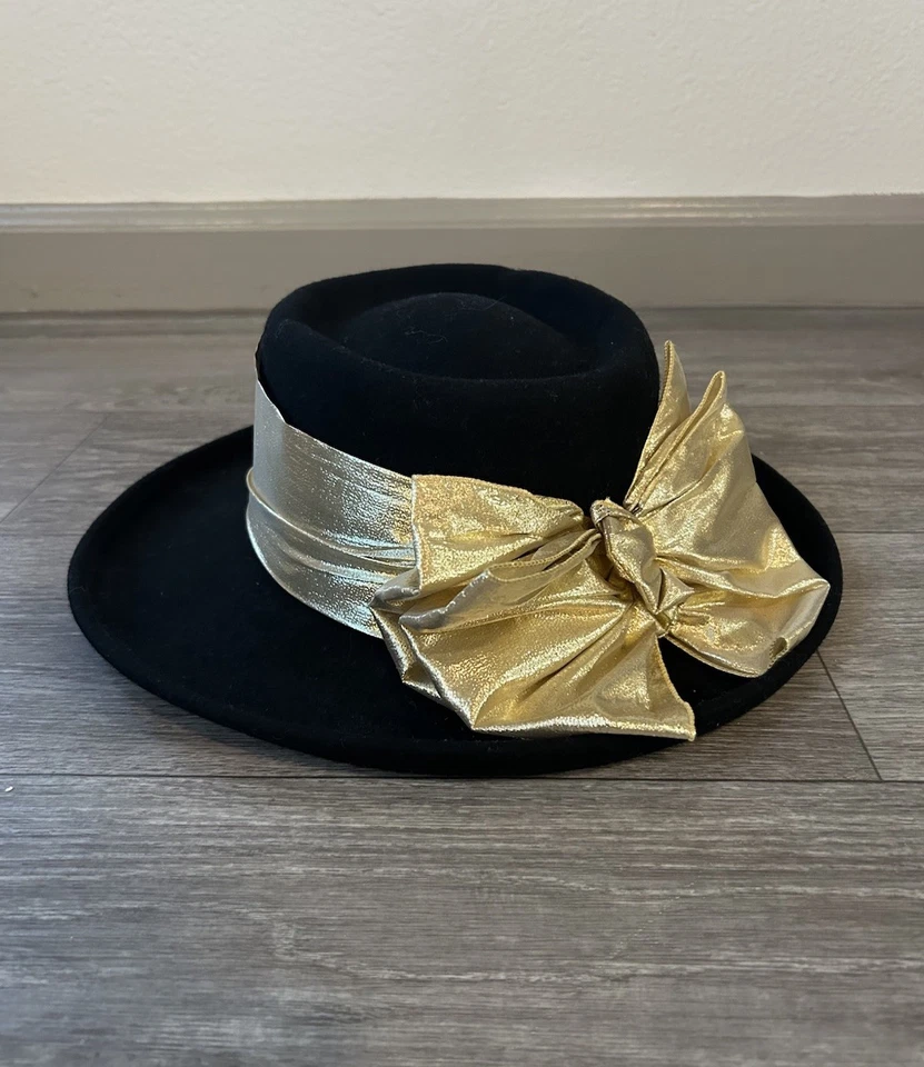 De colección Años 80 Lana Negra Dorado Cojo Arco Borde Lujo Sombrero Talla Única Iglesia Sombrero, Derby Sombrero Foto 2 de 4