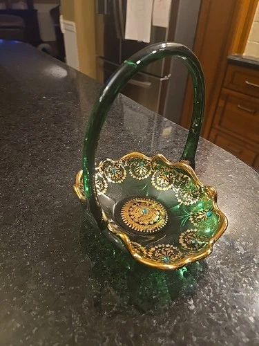 MURANO  HANDLED BASKET  WITH GREEN JEWEL STONES