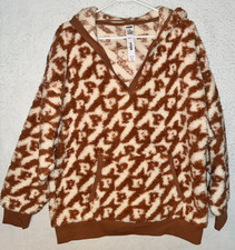 Victoria Secret PINK Sherpa Fleece Hoodie Brown White Animal Print V Neck M Logo