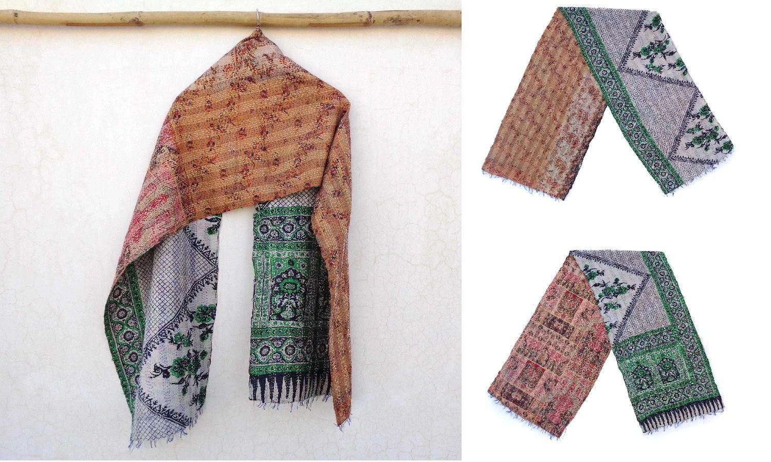 Silk Kantha Scarf Vintage Head Wrap Stole Dupatta Hand Quilted Women Gypsy