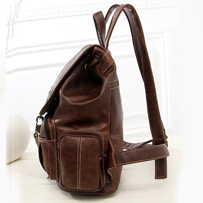 Women's Vintage Leather Drawstring Backpack Student's School Bag Travel ...