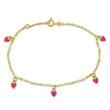 Amour 14k Yellow Gold Pink Enamel Heart Charm Link Chain Station 6.5" Bracelet